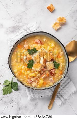 Lentil Pea Soup Garnish With Ham And Pork Ribs