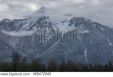 Foggy Morning At Cold Day In The Mountains. Mount Cheam During The Winter Season. Mount Cheam Agassi