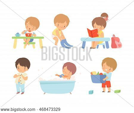 Little Independent Children Set. Boys And Girls Getting Dressed, Cleaning Up Toys, Bathing And Eatin