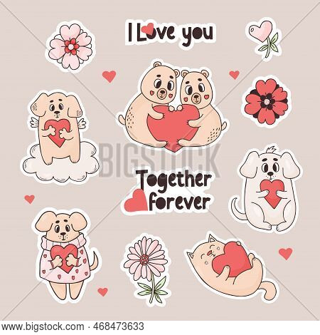 Stickers Romantic Animals. Cute Couple Bears, Dogs And Cats With Heart, Flowers And Love Slogan. Vec