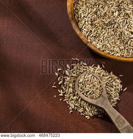 Dried Organic Fennel Seeds In The Spoon - Foeniculum Vulgare