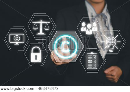 Copyright Or Patent Concept, Businesswoman Hand Touching Vr Screen Copyright Icon Background, Copyle