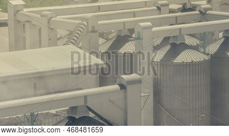 Animal Feed Factory. Agricultural Silo At Feed Mill Factory. Tank For Store Grain, Corn, Soybean In 