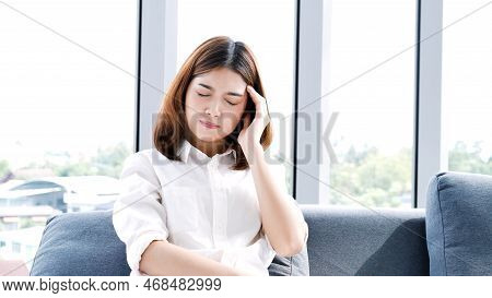 Stress Asian Women Headache Have Migraine Feeling Temples Stressfull Upset Depressed. Strong Headach