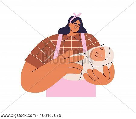 Mother Holding Newborn Baby. Woman Mom With Swaddled Infant In Arms. Cute Sleeping Child In Hands Of