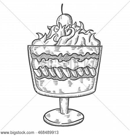 Trifle British Or England And Dessert Snack Isolated Doodle Hand Drawn Sketch With Outline Style Vec