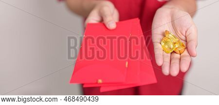Woman Holding Chinese Red Envelope With Gold Bullion, Money Gift For Happy Lunar New Year Holiday. C