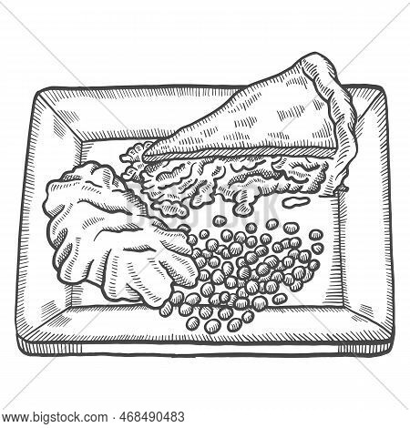 Pie And Mesh Potato British Or England Food Cuisine Isolated Doodle Hand Drawn Sketch With Outline S