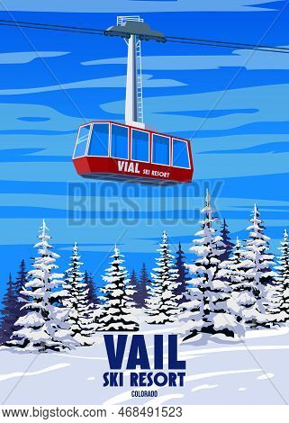 Ski Travel Resort Poster Vintage Vail. Colorado Usa Winter Landscape Travel Card