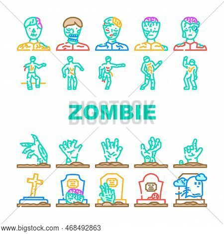 Zombie Horror Dead Monster Icons Set Vector. Halloween Scary, Hand Death, Undead Silhouette, Grave M