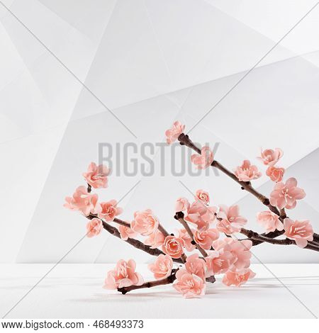 Valentines Day Spring Floral Background With Branch Pink Sakura On White Wood Table, Abstract Geomet