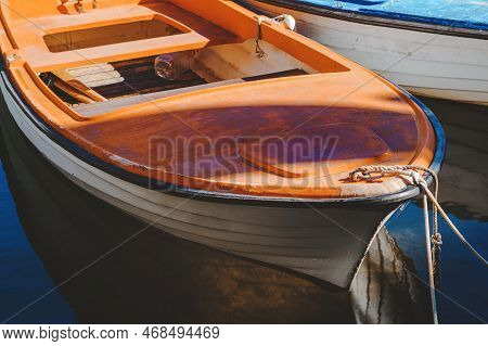 Fishing Boats Moored In Small Marina In Town Of Lovran, Croatia. Selective Focus.