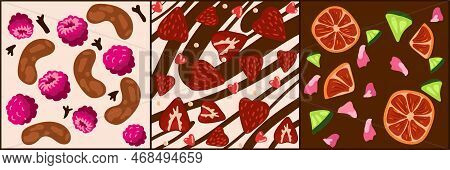 A Set Of Three Backgrounds Of Decorative Chocolate For Valentine's Day For Lovers. Chocolate Backgro