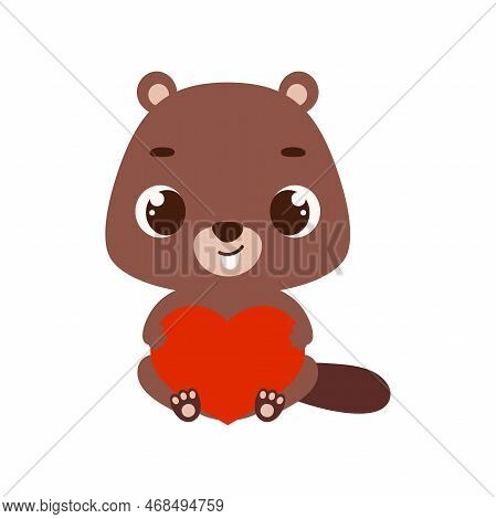 Cute Little Sitting Beaver Holds Heart. Cartoon Animal Character For Kids Cards, Baby Shower, Invita