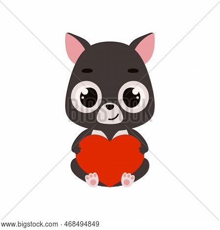 Cute Little Sitting Tasmanian Devil Holds Heart. Cartoon Animal Character For Kids Cards, Baby Showe