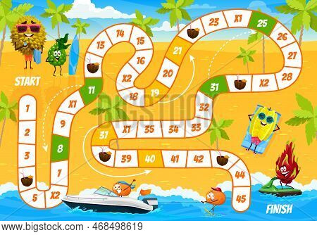 Kids Board Step Game, Cartoon Fruits Characters On Summer Beach, Vector Quiz Worksheet. Mandarin On 