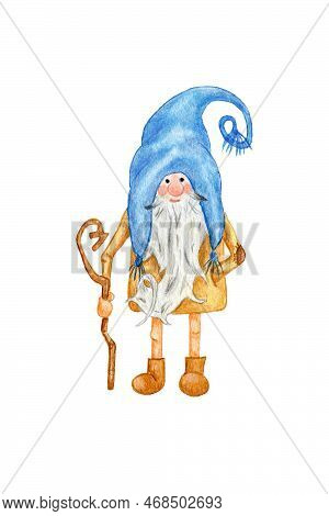 Watercolor Gnome. Illustration Of Druid With Staff. Illustration Of A Cute Gnome On A White Backgrou