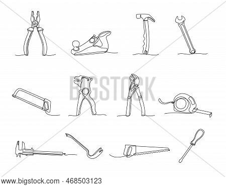 One Line Construction Tools. Hand Drawn Hammer, Pliers, Tape Measure, Wrench, Saw, Crowbar And Screw
