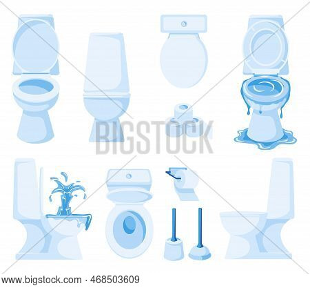 Cartoon White Toilet. Ceramic Lavatory Pan In Different Angles, Toilet Paper And Brush. Wc Vector Il