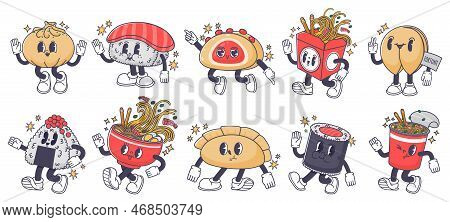 Sian Food Mascot. Japanese Dish Character Sushi Roll, Rice Onigiri And Ramen. Takeaway Wok Box Noodl