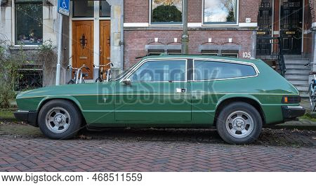 Amsterdam, The Netherlands, 08.01.2023, Side View Of Retro Sports Car Reliant Scimitar Gte From 1979