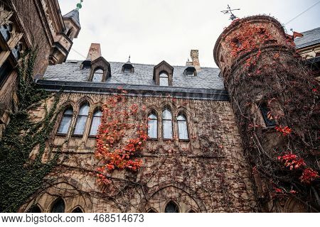 Wernigerode, Saxony-anhalt, Germany, 29 October 2022:  Castle With Tower In Harz Mountains Above Tow