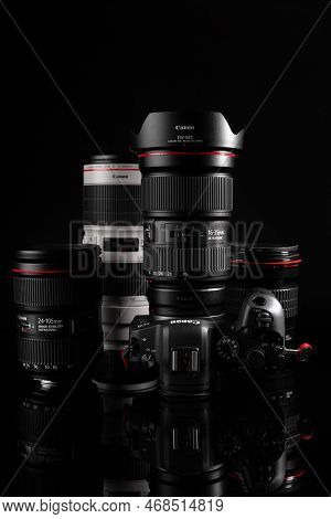 Lviv, Ukraine, November 27, 2022 : Mirrorless Camera Canon R6 With Wide Angle Lens Canon 16-35 Mm On