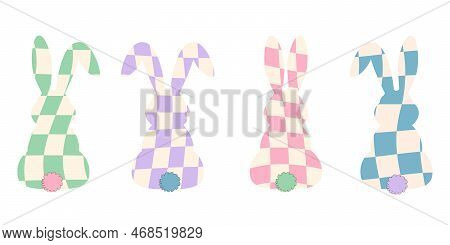 Vector Set Of Easter Cartoon Rabbits. Easter Abbits In Groovy Hippie Style.design For T-shirts,poste