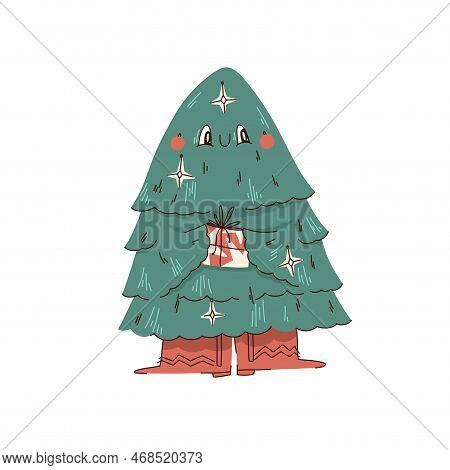 Illustration Of A Smiling Christmas Tree In Red Boots With A Gift And Toys In The Branches