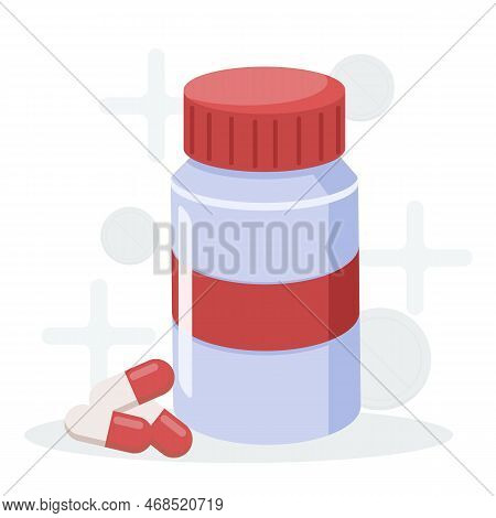 Pill Jar Isolated On White Background, Flat Style