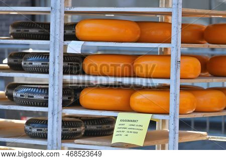 Alkmaar, Holland - April 22, 2022: Traditional Cheese At Market In Alkmaar, Holland