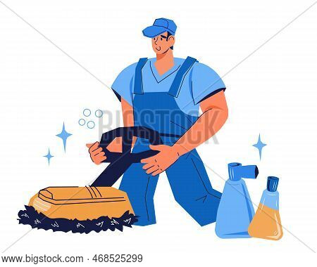 Worker With Industrial Floor Polishing And Cleaning Machine, Flat Isolated Vector.
