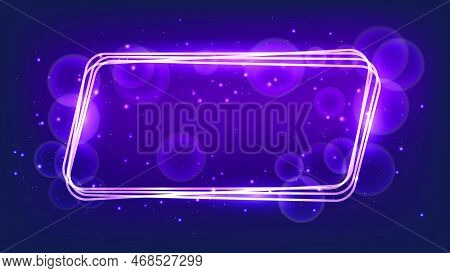 Neon Rounded Parallelogram Frame With Shining Effects And Sparkles On Dark Background. Empty Glowing