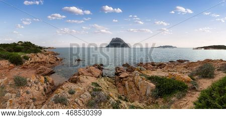 Beach On The Mediterranean Sea. Punta Don Diego, Sardinia, Italy. Blue Sky Art Render. Nature Backgr