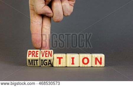 Prevention Or Mitigation Symbol. Businessman Turns Cubes And Changes The Concept Word Mitigation To 