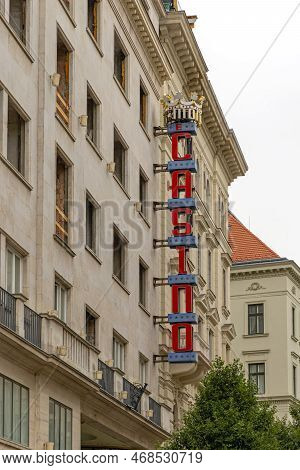 Budapest, Hungary - July 31, 2022: Vertical Sign At Gambling Building Las Vegas Casino Tropicana Vig