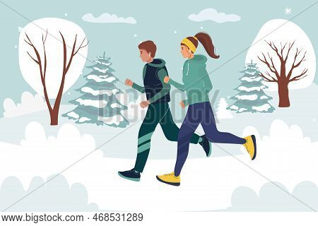 Couple Runner Running Outdoor Scene Design Running Sport, Warm Clothes Runs Against Background Of Wi