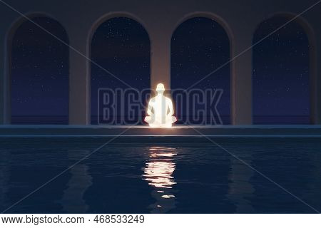 Night Meditation In Calm Inspiring Place On Sea Side With Stars On Background. 3d Rendering Concept 