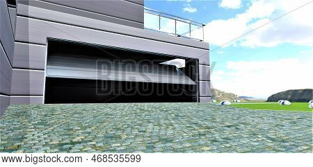 Granite Pavers In Front Of The Opening Gate To The Dark Garage Of A Modern House Overlooking A Green