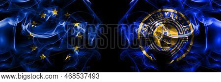 Flags Of Eu, European Union Vs Albania, Flamuri, Bashkise, Kavaje, State. Smoke Flag Placed Side By 