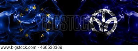 Flags Of Eu, European Union Vs Japan, Japanese, Fukui Prefecture. Smoke Flag Placed Side By Side On 