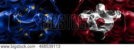 Flags Of Eu, European Union Vs Japan, Japanese, Sunagawa, Hokkaido, Sorachi, Subprefecture. Smoke Fl