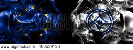 Flags Of Eu, European Union Vs Japan, Japanese, Tomari, Hokkaido, Nemuro, Subprefecture. Smoke Flag 