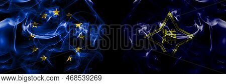 Flags Of Eu, European Union Vs Japan, Japanese, Urahoro, Hokkaido, Tokachi, Subprefecture. Smoke Fla