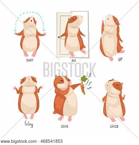 Cute Hamster Demonstrating English Language Prepositions Of Place Set. Over, Out, Up, Failing, Save,