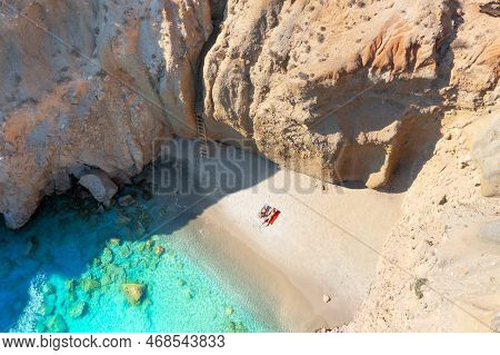 The Famous Tsigrado Beach With Crystal Clear Waters And Rocks. Great Place For Snorkeling. Milos Isl
