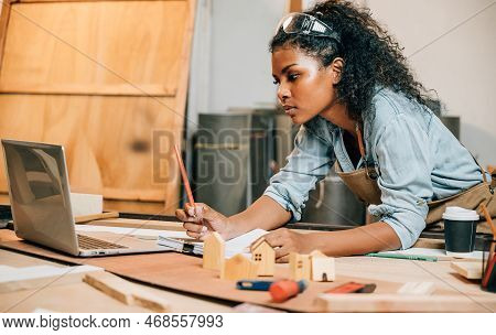 Carpenter America Black Woman Curly Hair Drawings On Paper Work With Laptop, Young Female Working Sk