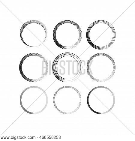 Brush Circles In Line Art Style. Round Frame Set. Grunge Texture. Vector Illustration. Stock Image.