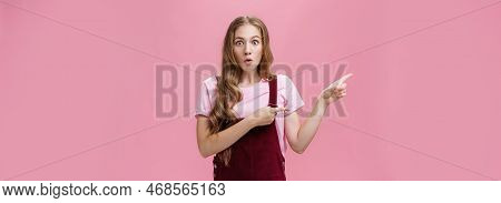 Excited Stunned And Surprised Charming Young Girl With Makeup And Curvy Hairstyle In Trendy Corduroy