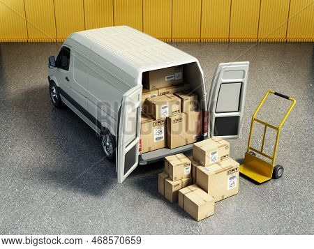 Stack Of Cardboard Boxes Standing Near Open Cargo Van Rear Door. Cargo Distribution And Transportati